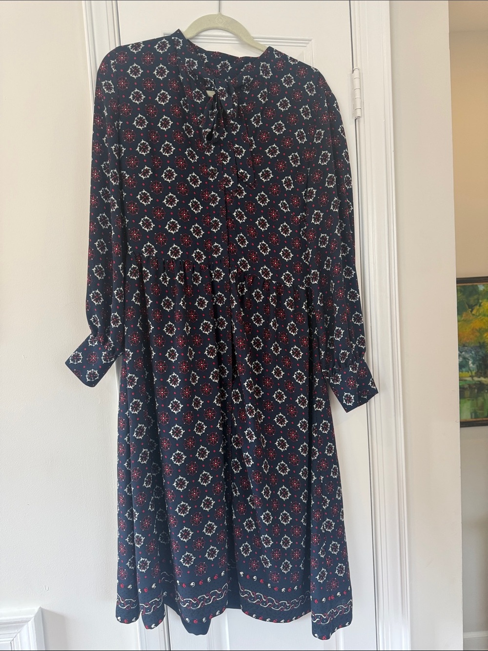 Brooks Brothers Navy Floral Long-Sleeve Midi Dress with Tie Neck